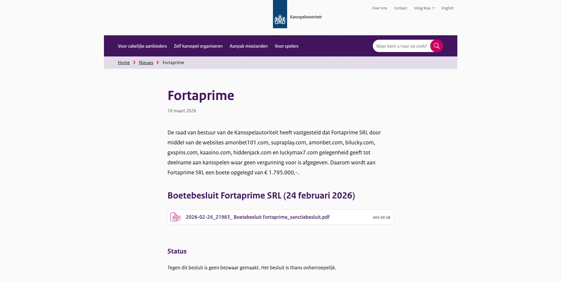 Ksa-sanctiepagina over Fortaprime met vermelding van amonbet.com
